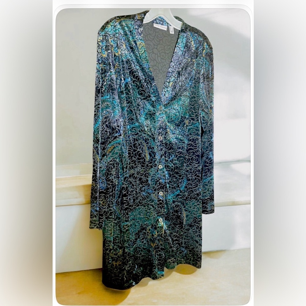 SusanGraver Iridescent BurnoutVelvet Duster BlueTeal Sz L Whimsigoth Witchy Boho